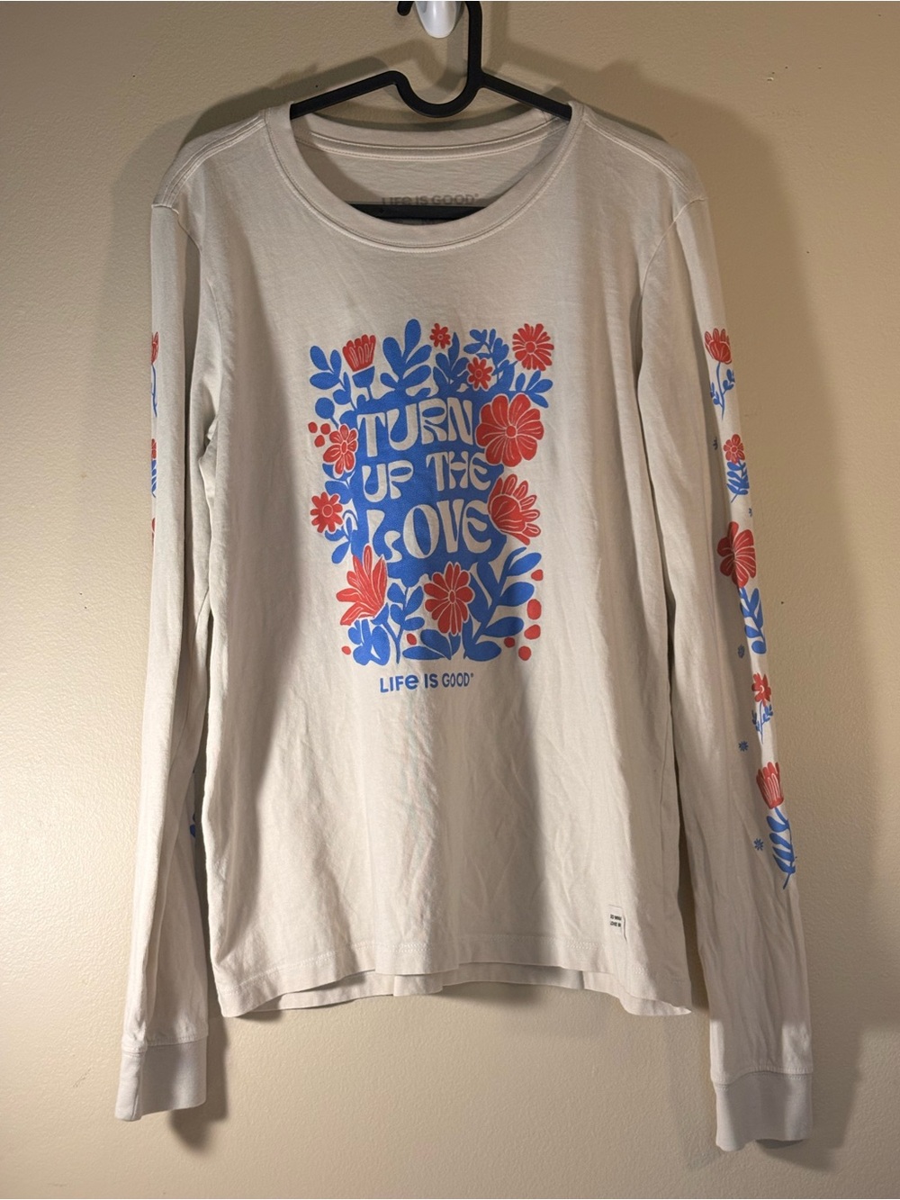Life Is Good Cream Long Sleeve Tee with Blue and Red Floral Print